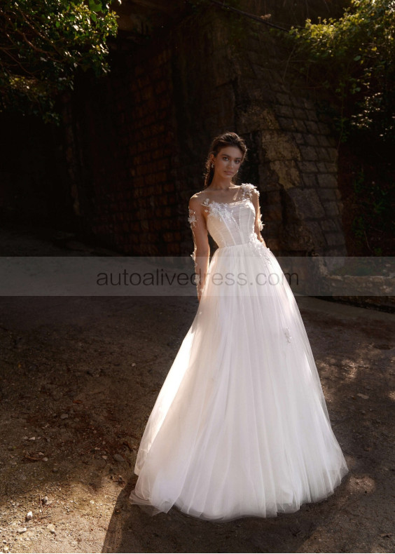 Long Sleeves Beaded White Tulle 3D Flowers Wedding Dress